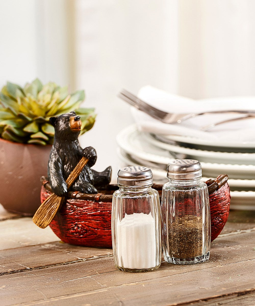 Resin Bear On Boat Salt & Pepper Set W/Tray