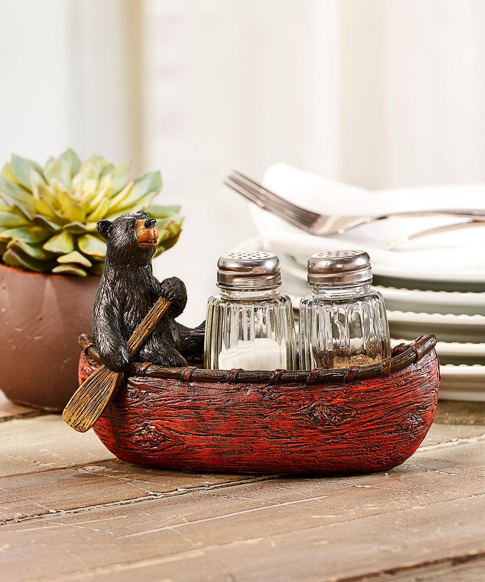 Resin Bear On Boat Salt & Pepper Set W/Tray