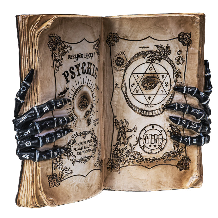 Psychic Book with Skeleton Palmistry Hands Statue Figurine