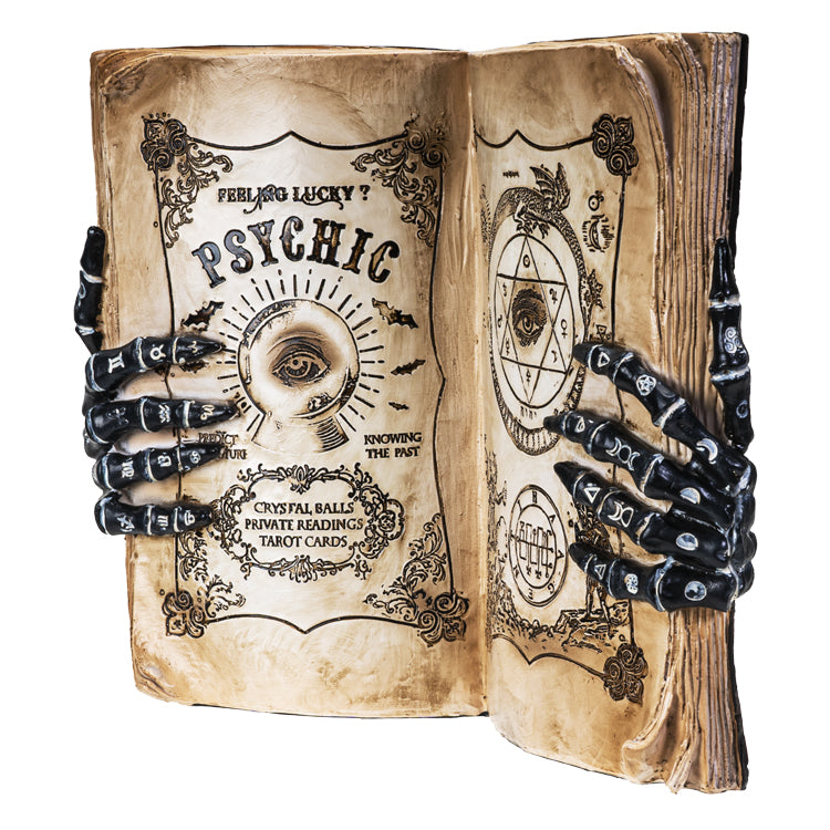 Psychic Book with Skeleton Palmistry Hands Statue Figurine