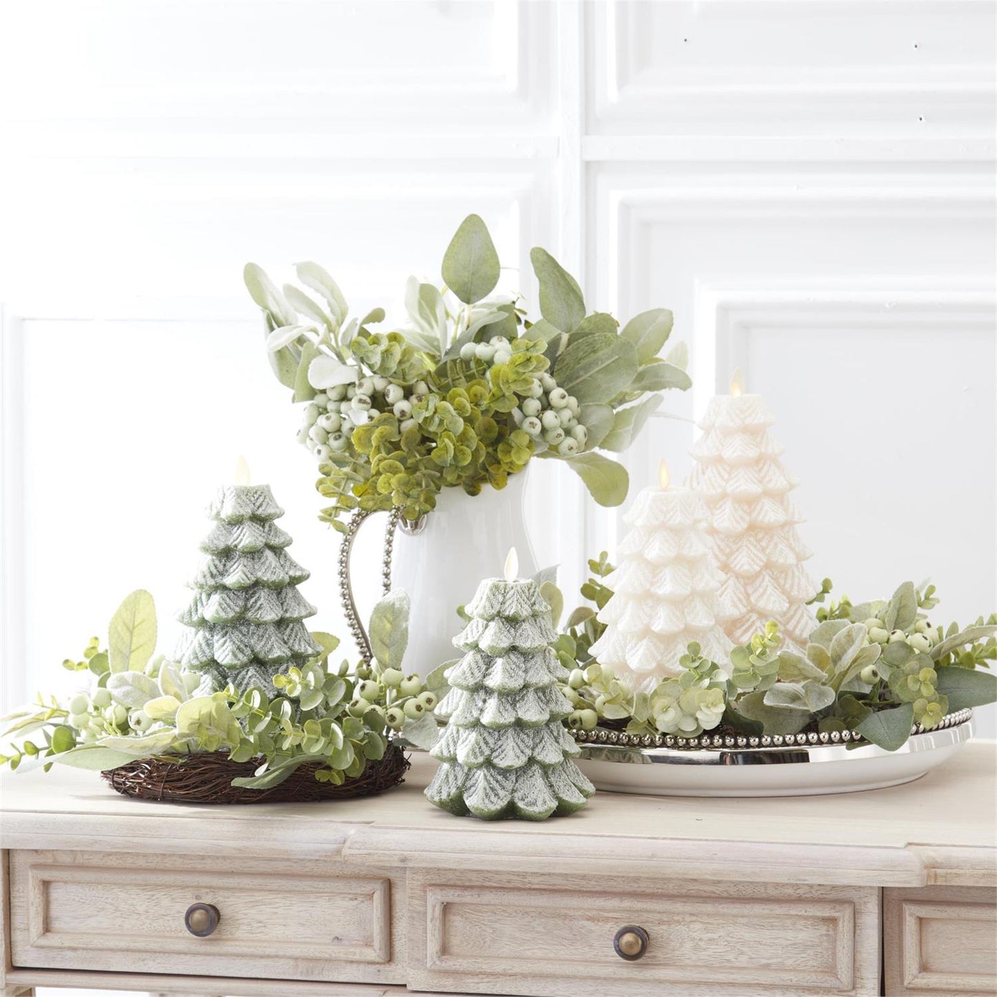 4.75 x 6.5 Inch Green Wax Snowy Tree Luminara Indoor Candle