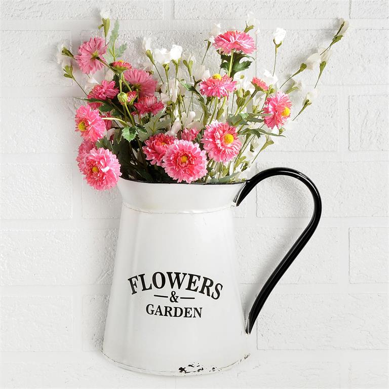 "Flowers & Garden" White Enamel Pitcher
