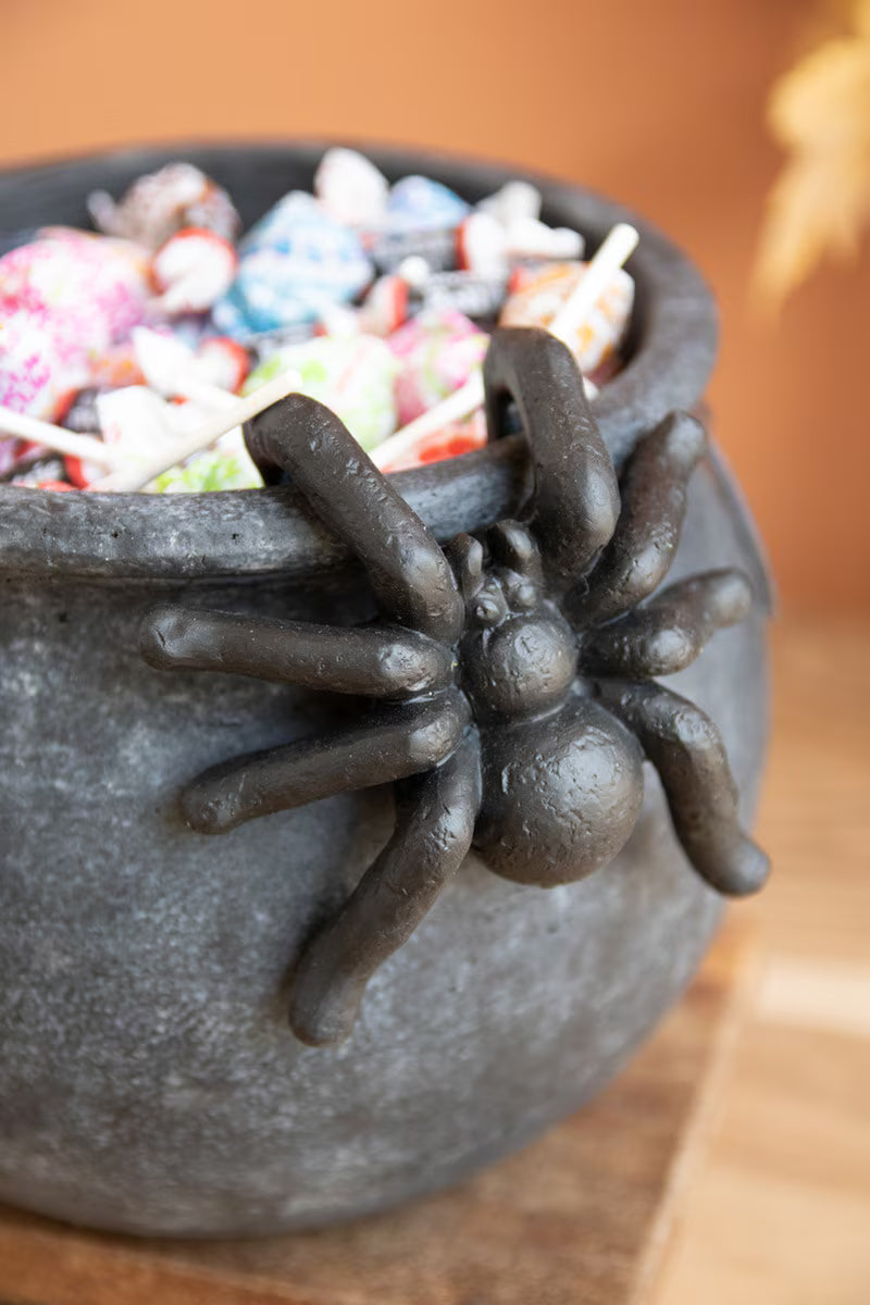 Black Terracotta Halloween Candy Cauldron with Spider