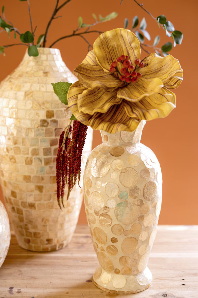 Medium Spun Bamboo Vase with Neutral Capiz Shell Detail