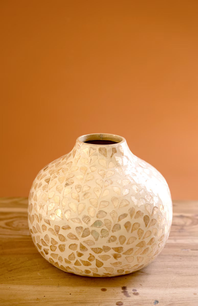 Short Spun Bamboo Vase with Neutral Capiz Shell Detail
