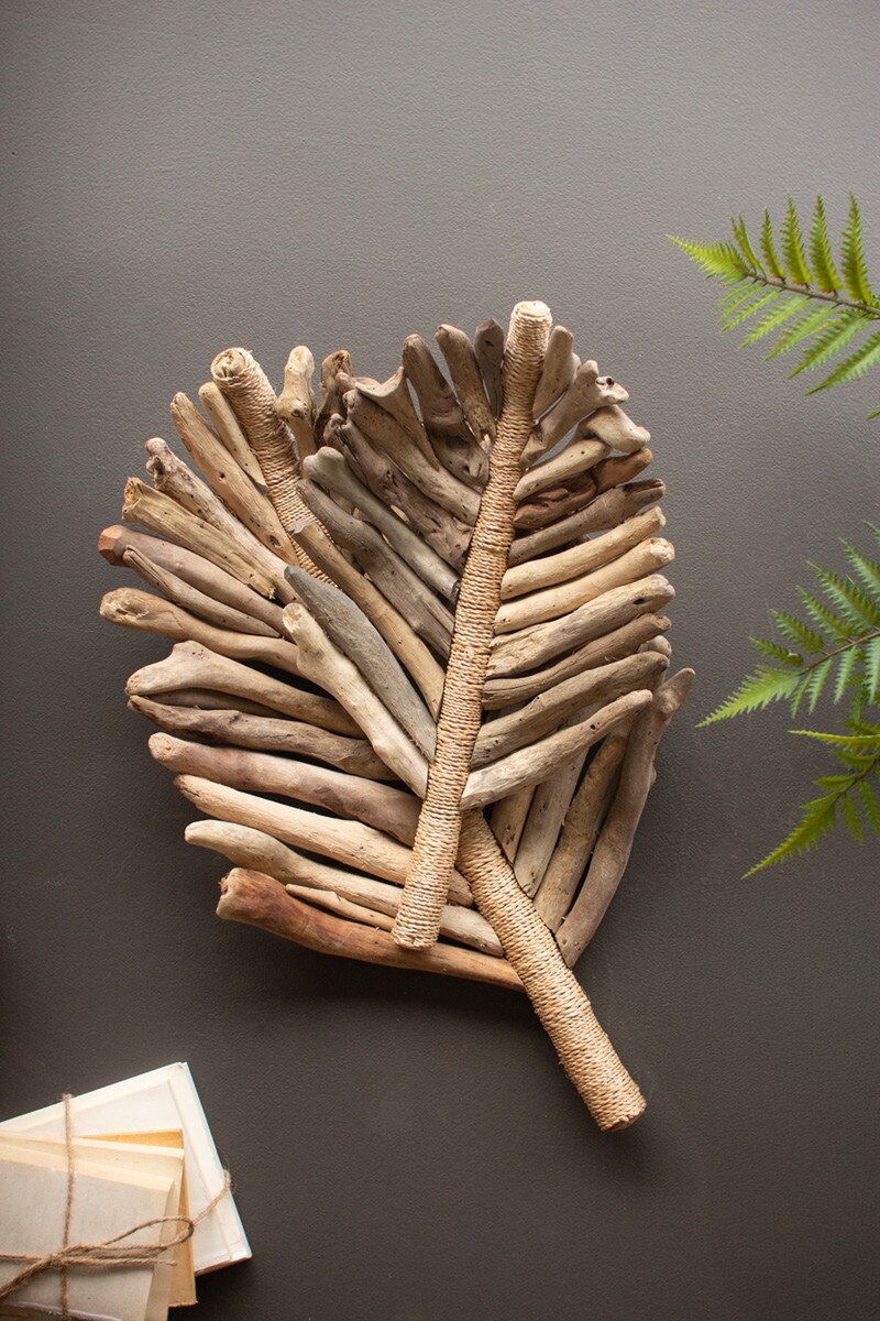 Set of 2 Driftwood Leaf Trays with Abaca Detail