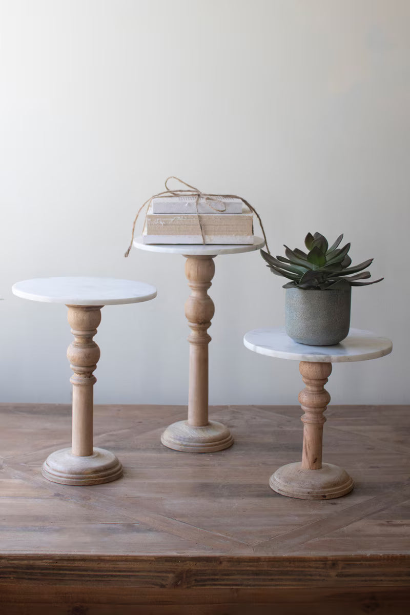 Set of 3 Wooden Display Stands with White Marble Tops