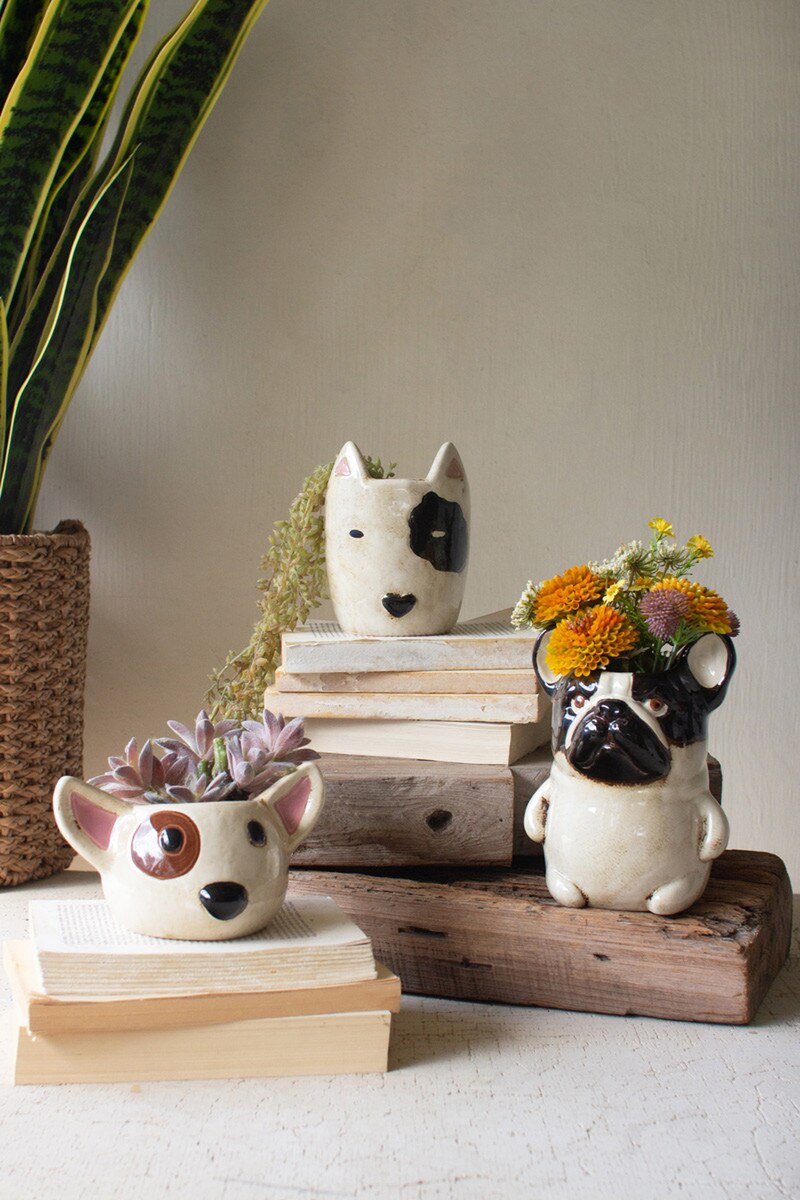 Set of 2 Ceramic Black and White Dog Head Planters