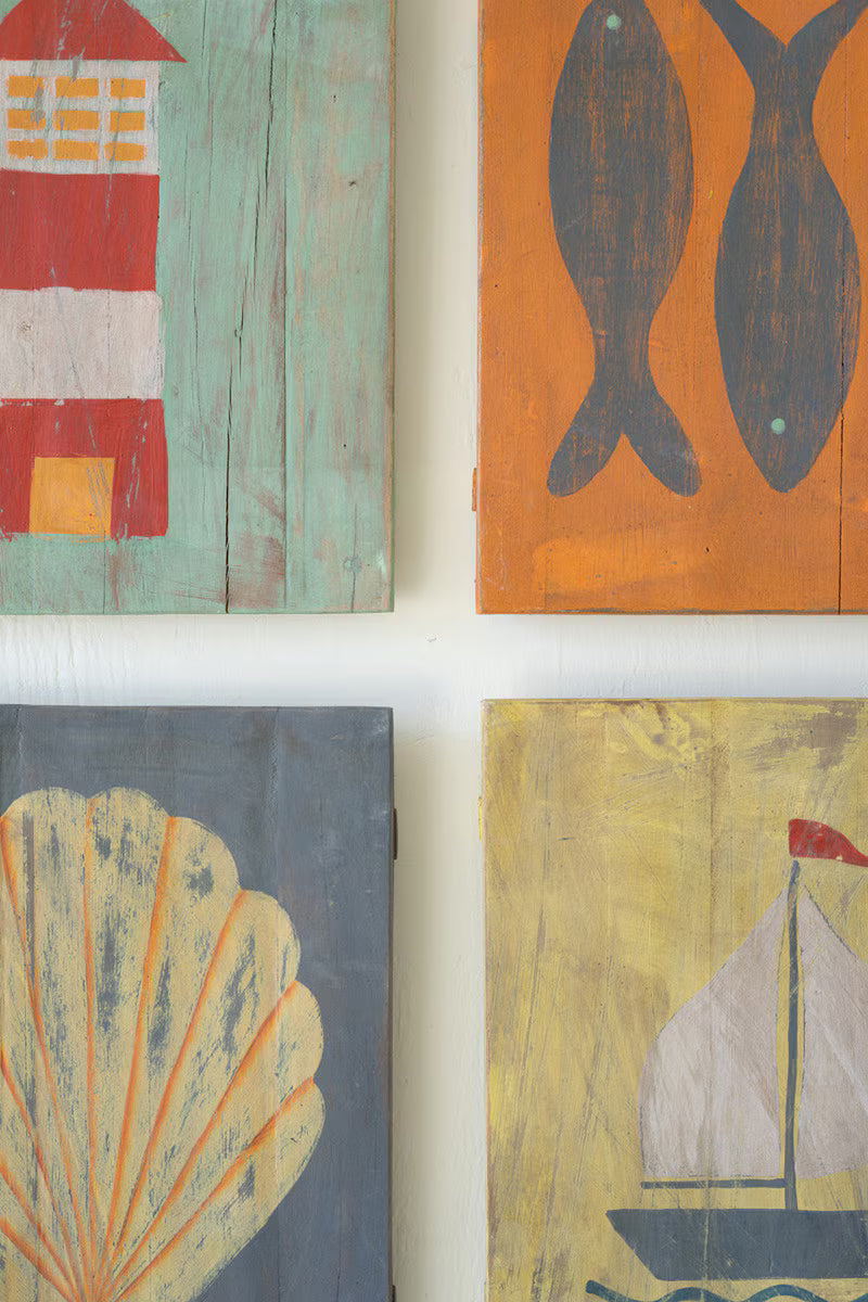 Set of 4 Painted Wood Coastal Wall Art