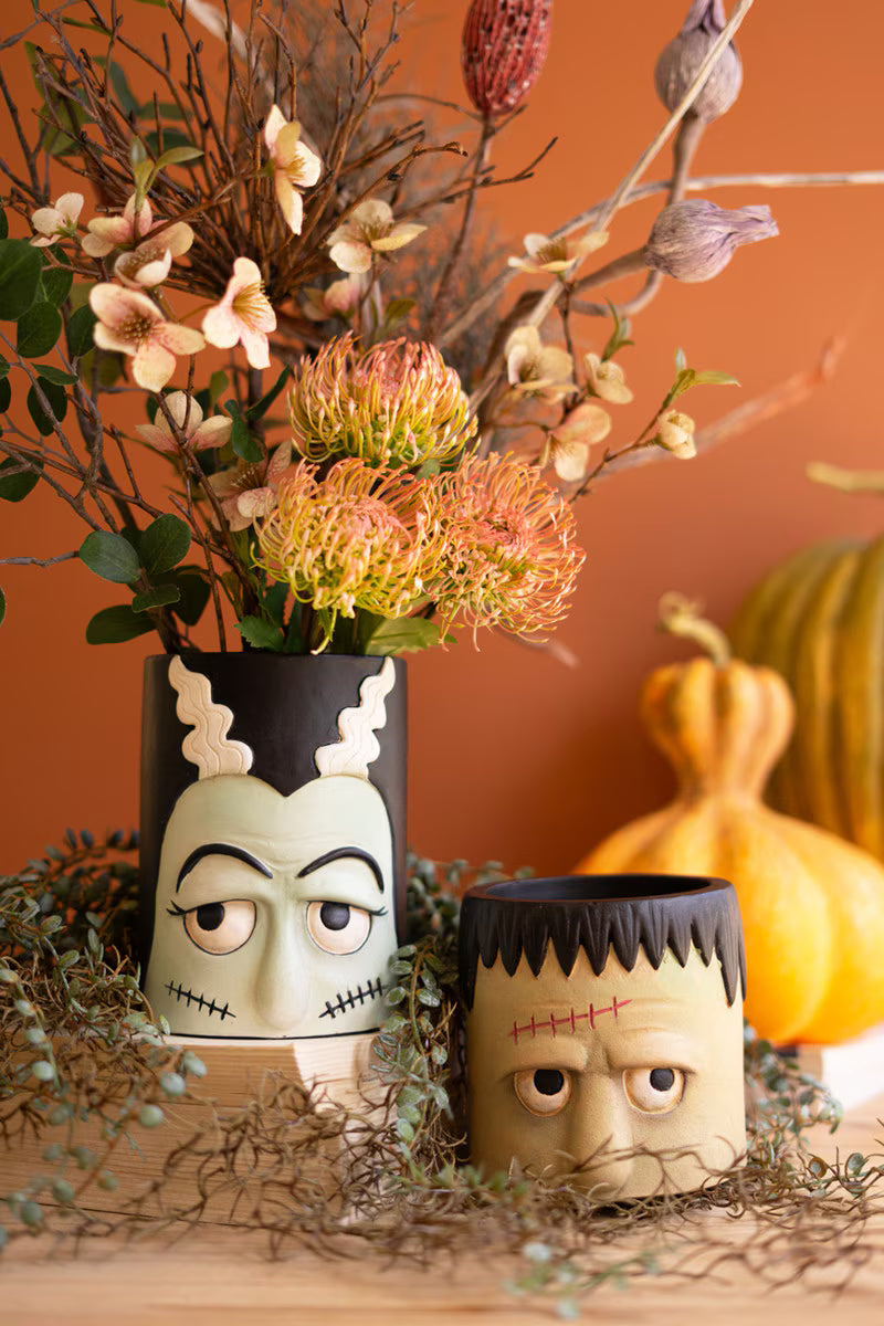 Set of 2 Frankenstein and Bride Resin Planters