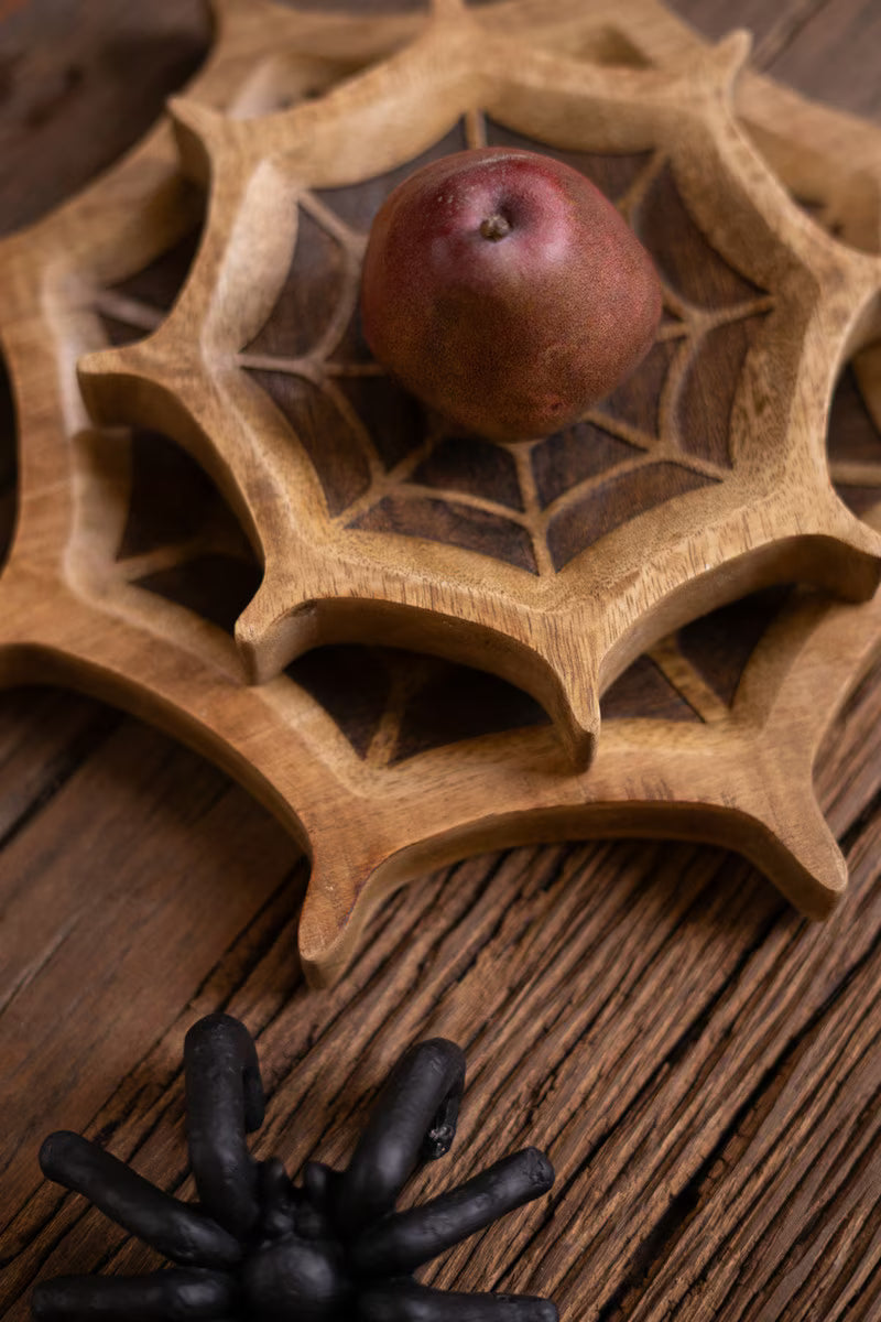 Set of 2 Carved Mango Wood Halloween Spider Web Bowls