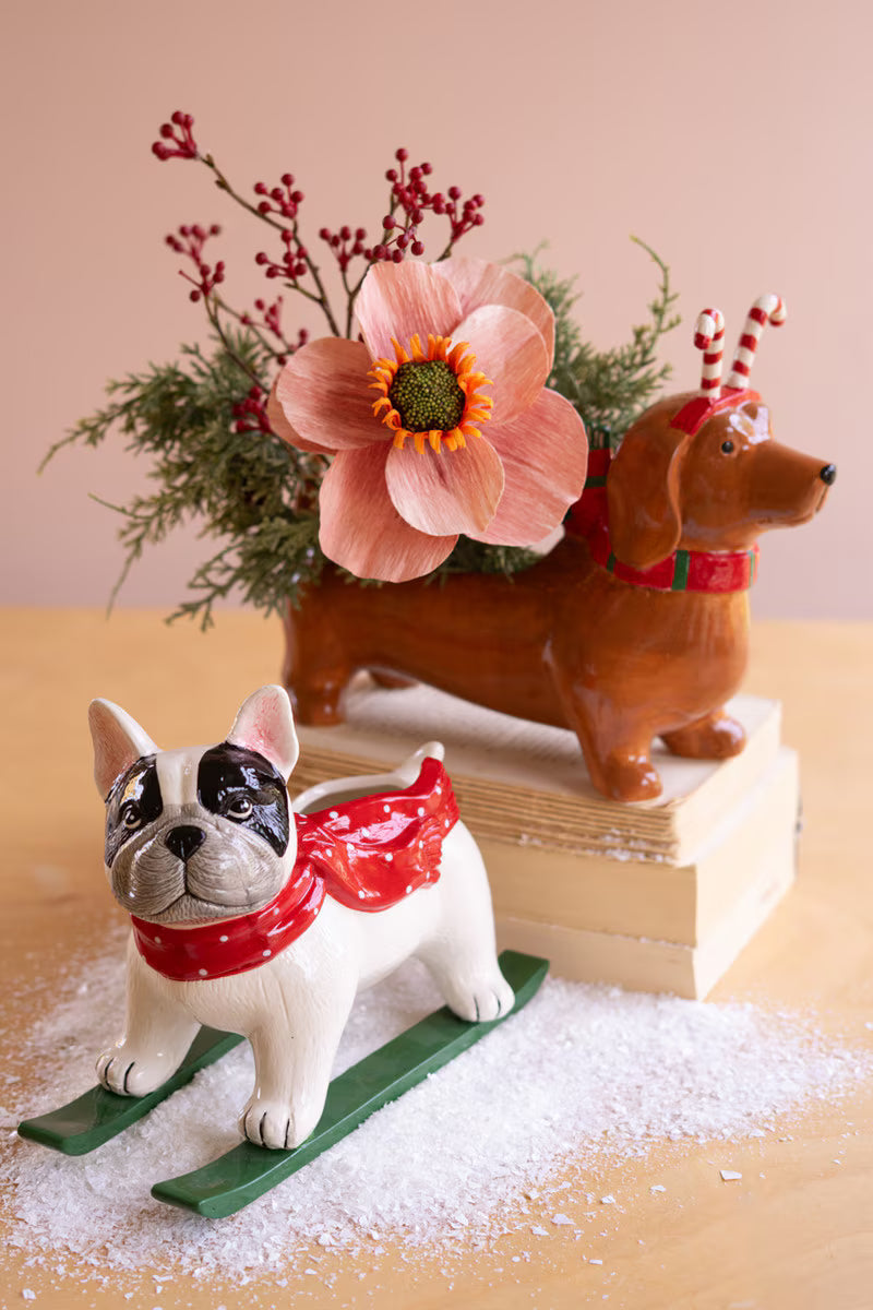 Ceramic Christmas Dachshund Planter with a Candy Cane Headband