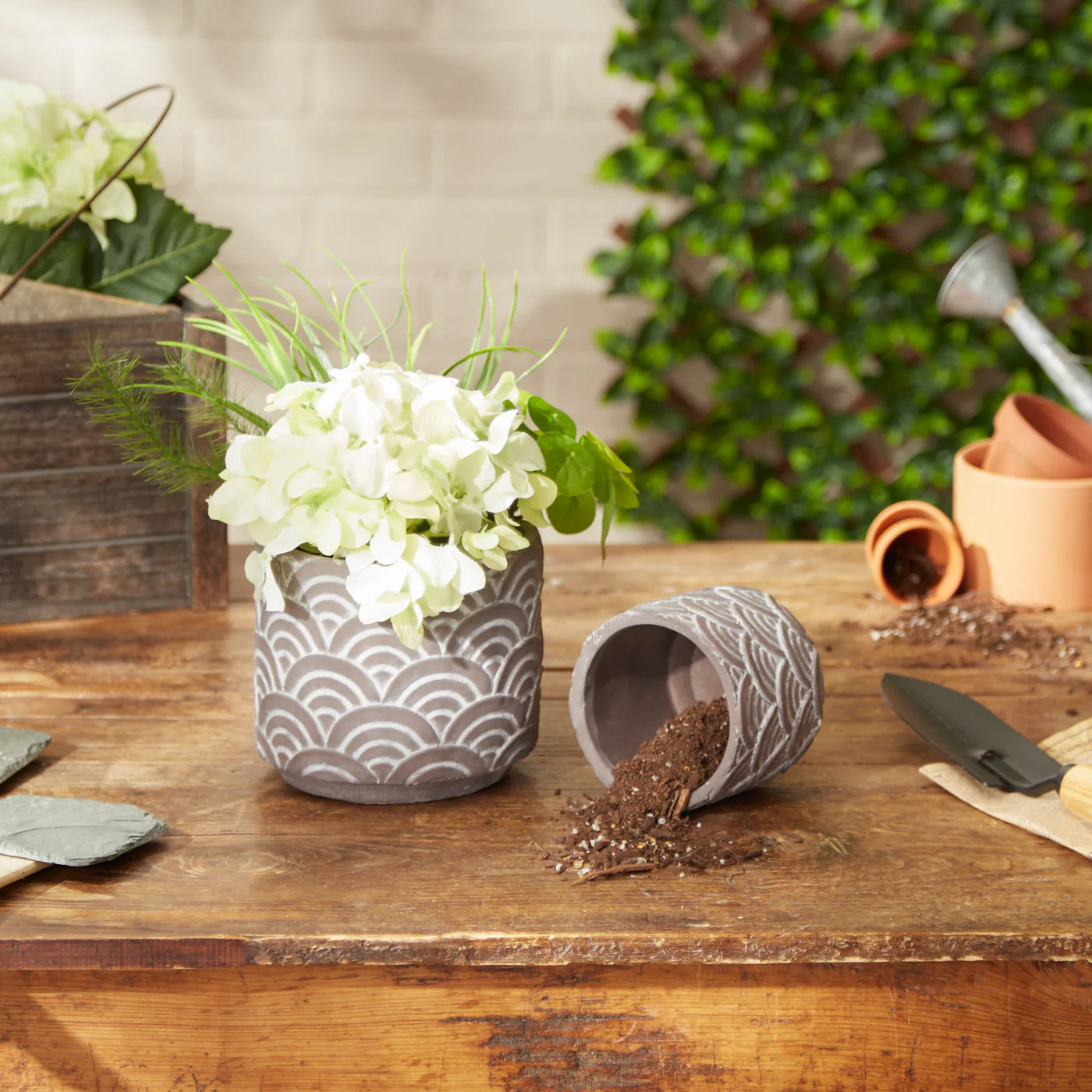 Black Scalloped Cement Flower Pot Set/2