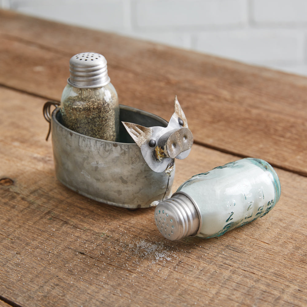 Galvanized Pig Salt And Pepper Caddy