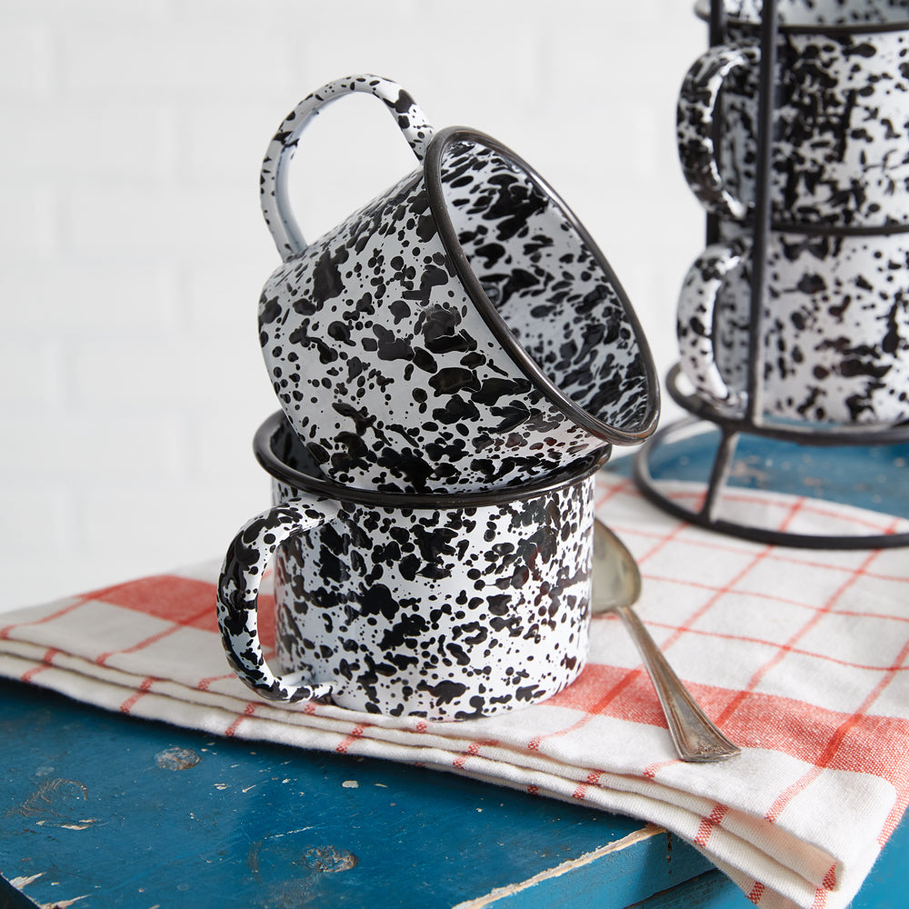 Mug Tower with Four Splattered Enamel Mugs