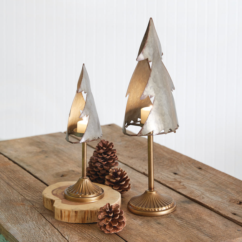 Set of Two Galvanized Tree Tealight Holders