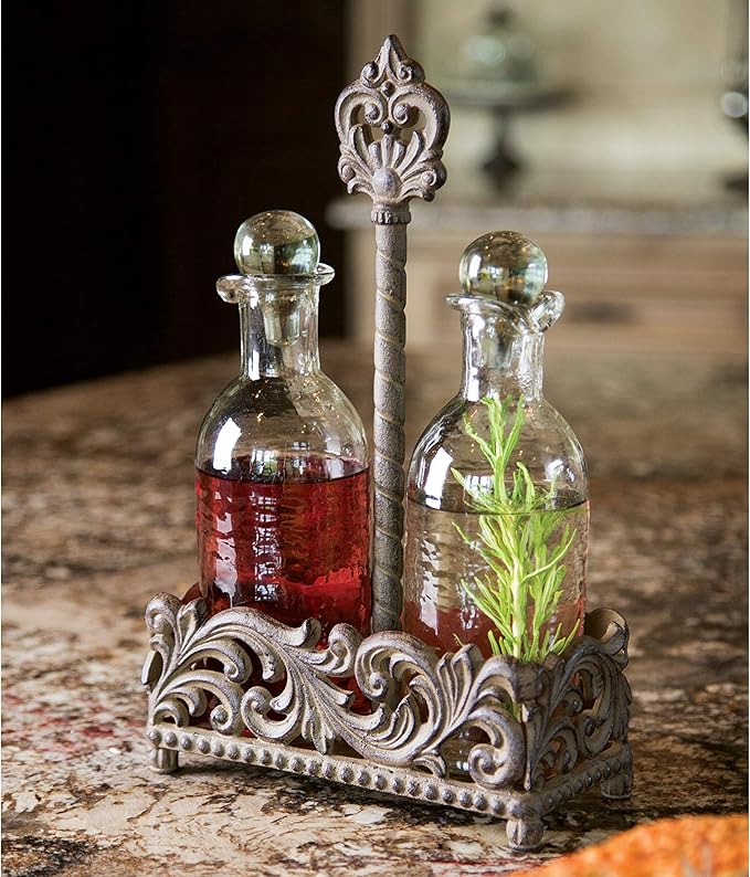 Acanthus Metal, Glass Oil And Vinegar Cruet Set