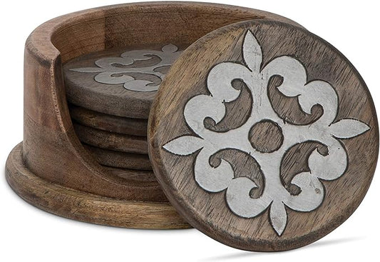 Wood And Metal Heritage Collection Coasters With Wooden Holder