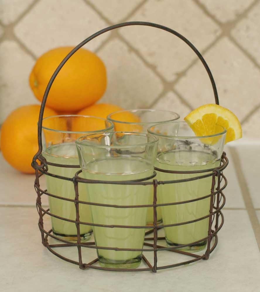 Round Wire Caddy with Four Glasses with Green/Rust Finish