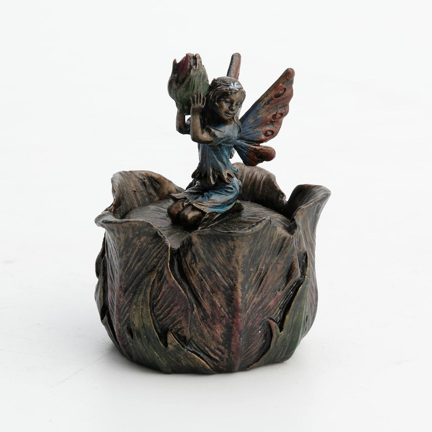 Tiny Fairy Kneeling Holding Bud Flower Trinket Box