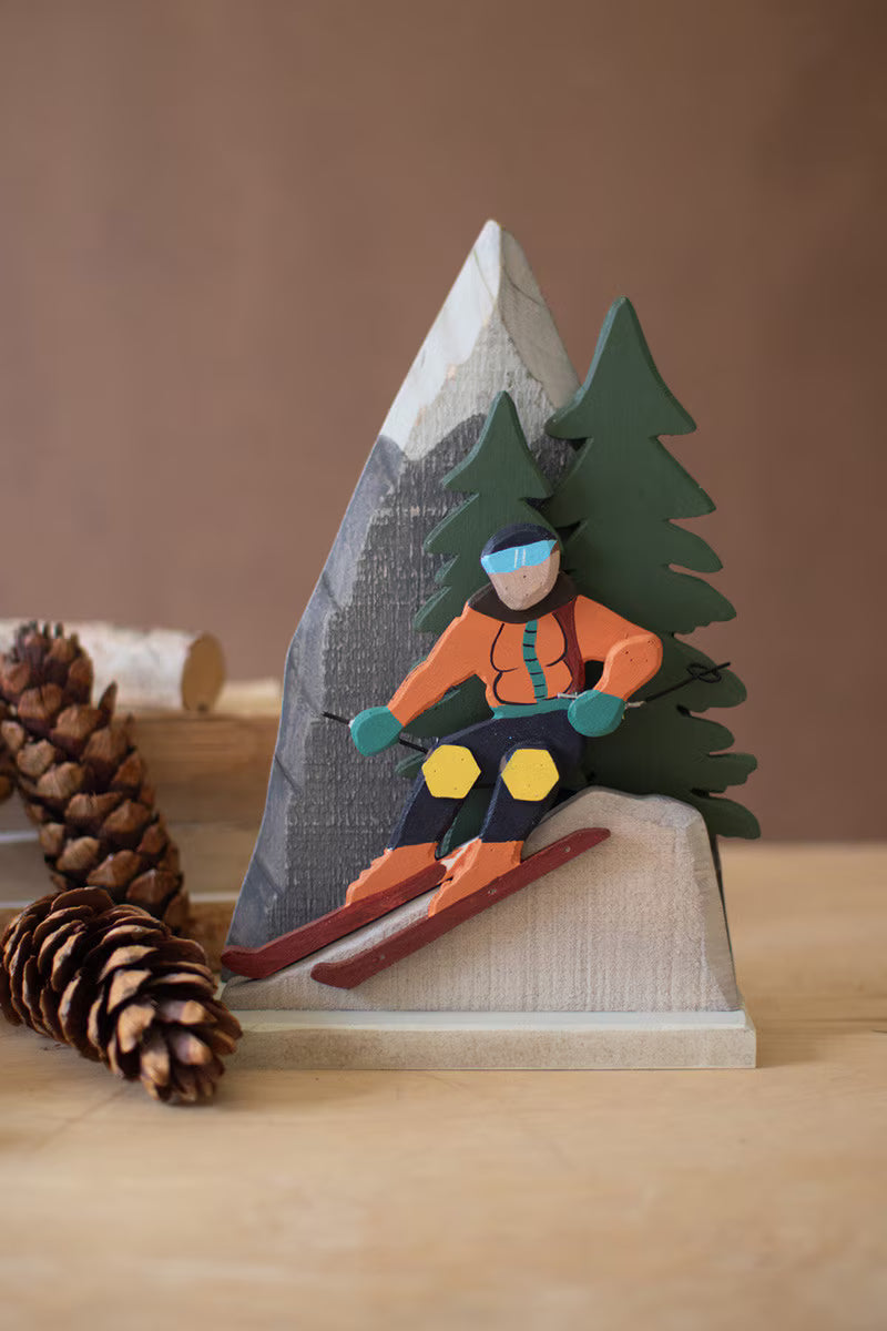 Painted Wood Snow Skiing Scene