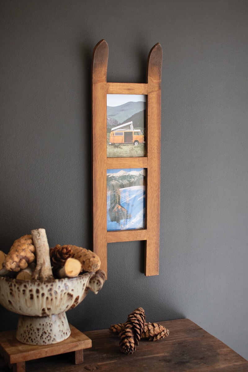 Wooden Snow Ski Double Photo Frame