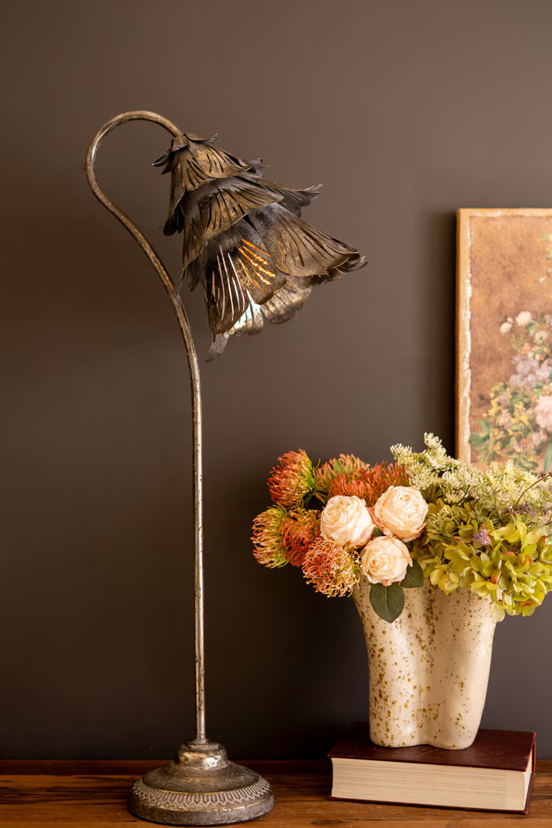 Rustic Metal Table Lamp with Flower Shade
