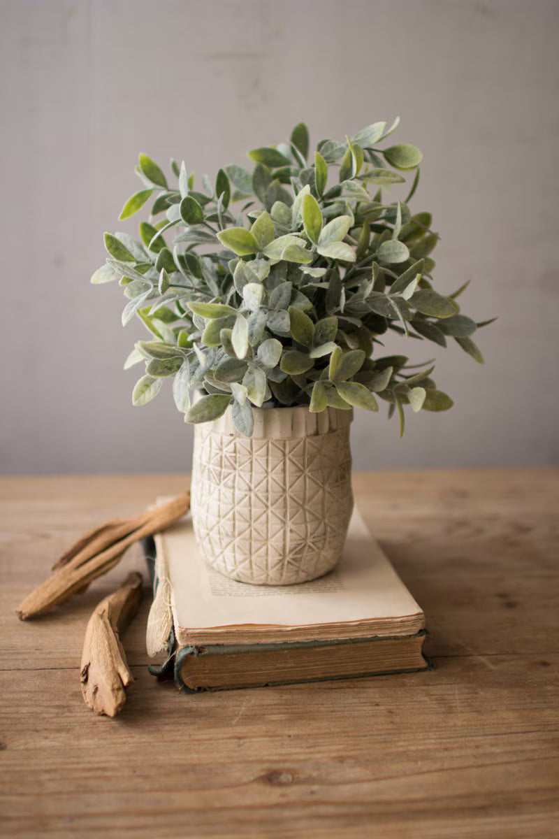 Artificial Sage with Crisscross Rustic White Pot