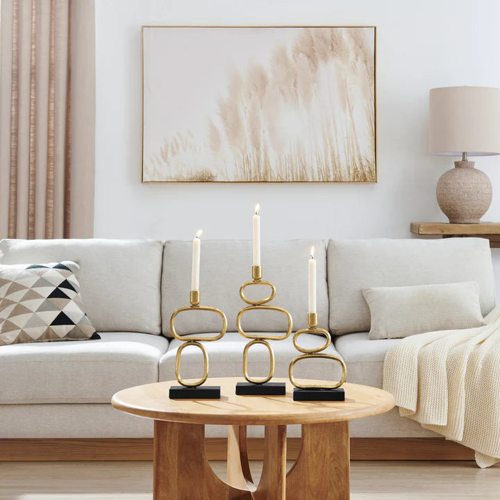 Eduardo Midcentury Modern Geometric Sculpted Gold and Black Candlestick Candle Holders - Set of 3