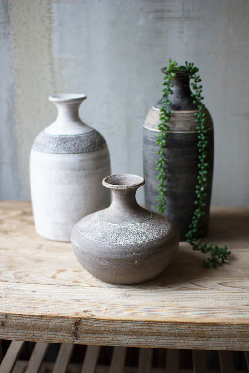 Set of 3 Black Grey and White Clay Vessels