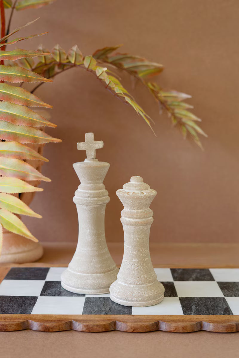 Set of 2 Grey-Wash Clay Chess Pieces