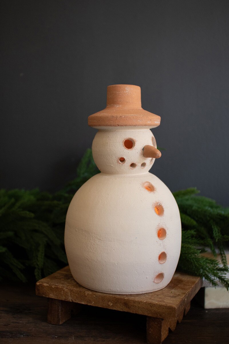 Ivory and Terracotta Snowman Luminary with Hat