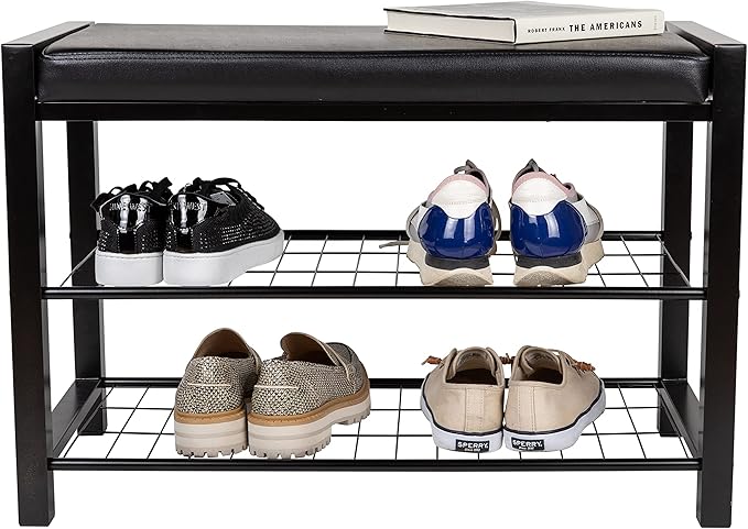 Leatherette Storage Entryway Bench and Shoe Rack with Metal Frame