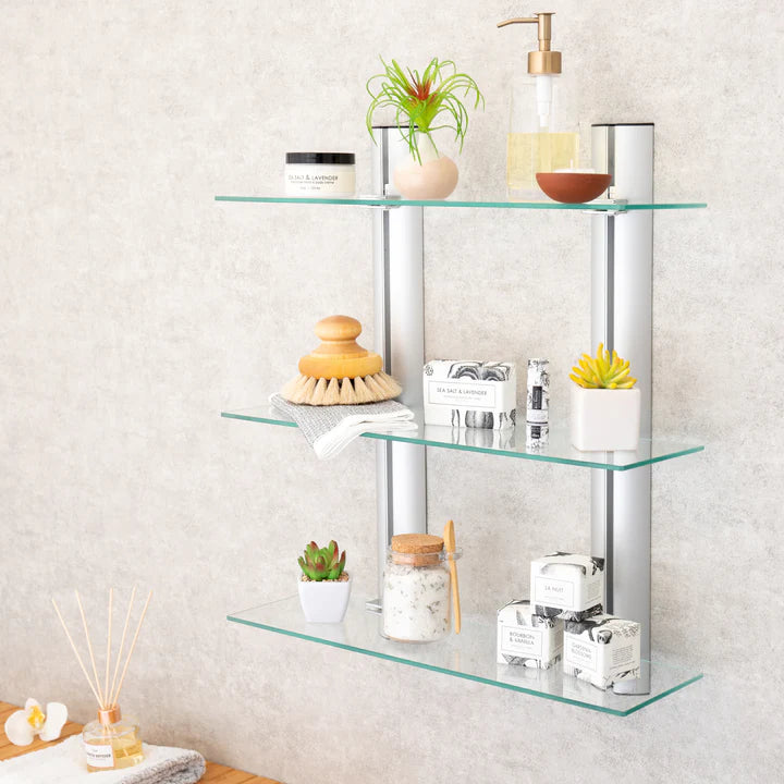 Decorative Wall-Mount 3-Tier Adjustable Glass Wall Shelves on Aluminum Bars