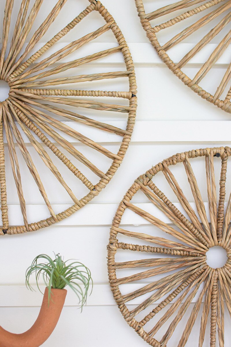 Set of 3 Spoked Seagrass and Iron Wall Art