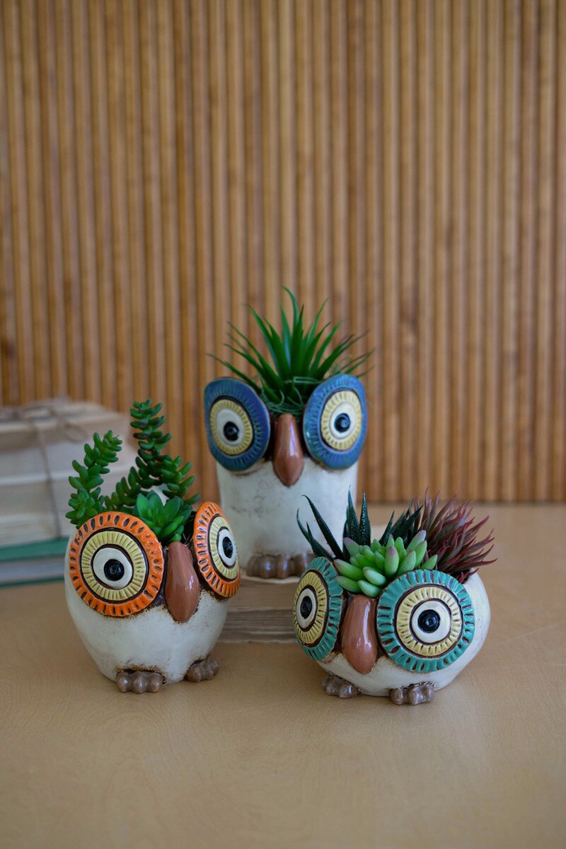 Set of 3 Ceramic Owl Planters