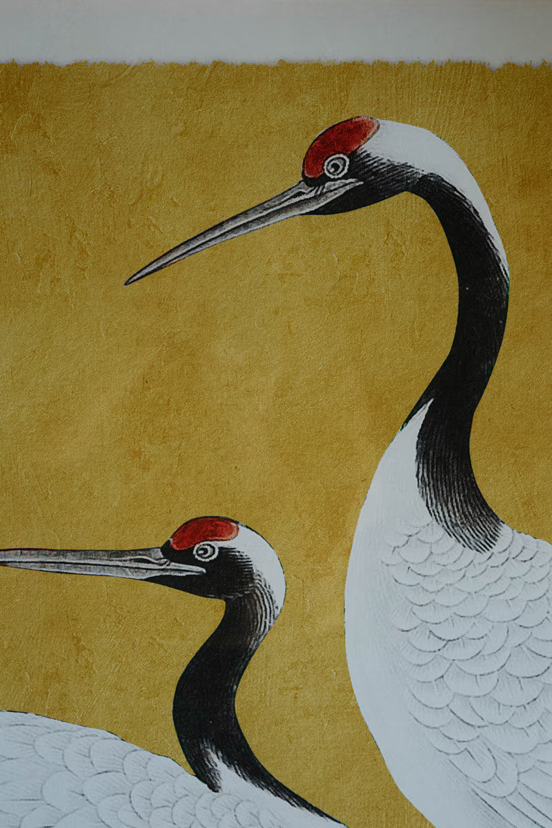 Set of 2 Framed Black White and Red Herons Prints Under Glass