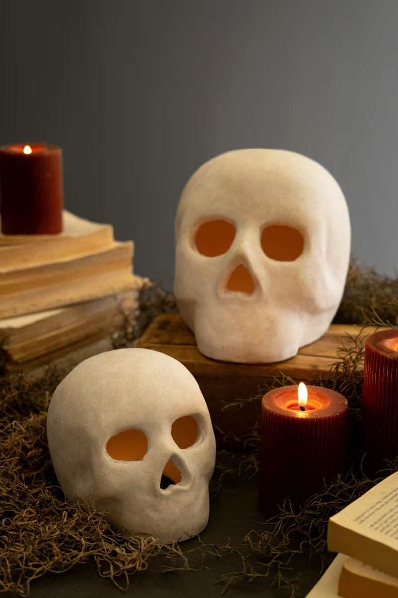 Set of 2 Cement Halloween Skulls Luminaries