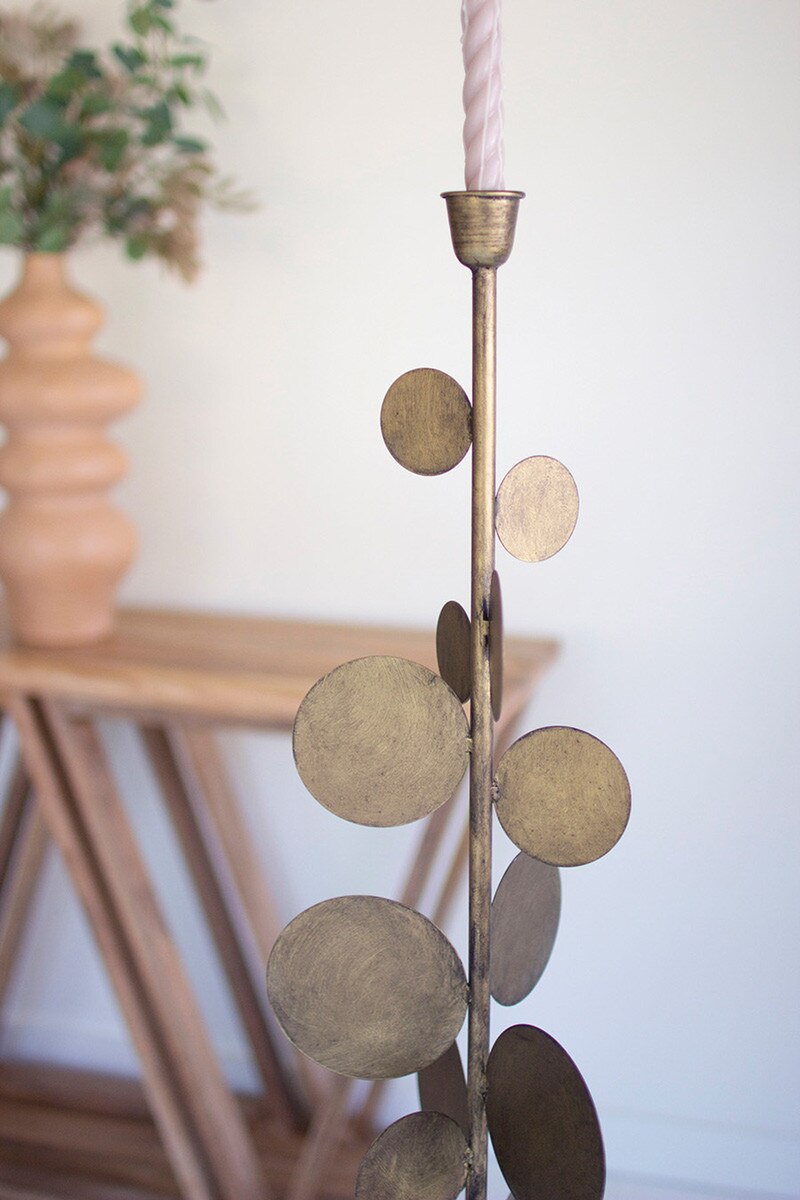 Set of 2 Antique Brass Candle Holders with Round Discs
