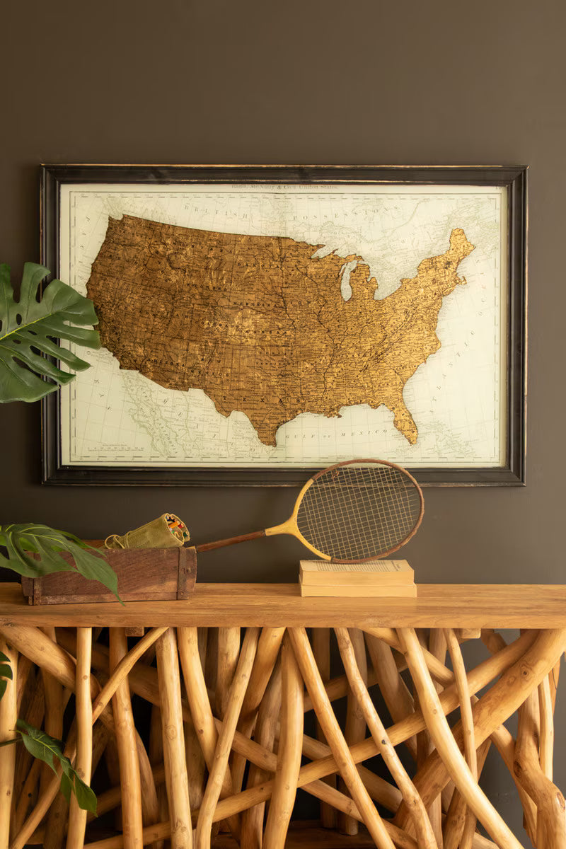 Framed Vintage-Inspired Usa Map Print with Gold Leaf Under Glass