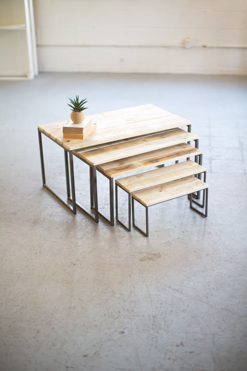 Set of 5 Iron & Recycled Wood Rectangle Nesting Display Risers