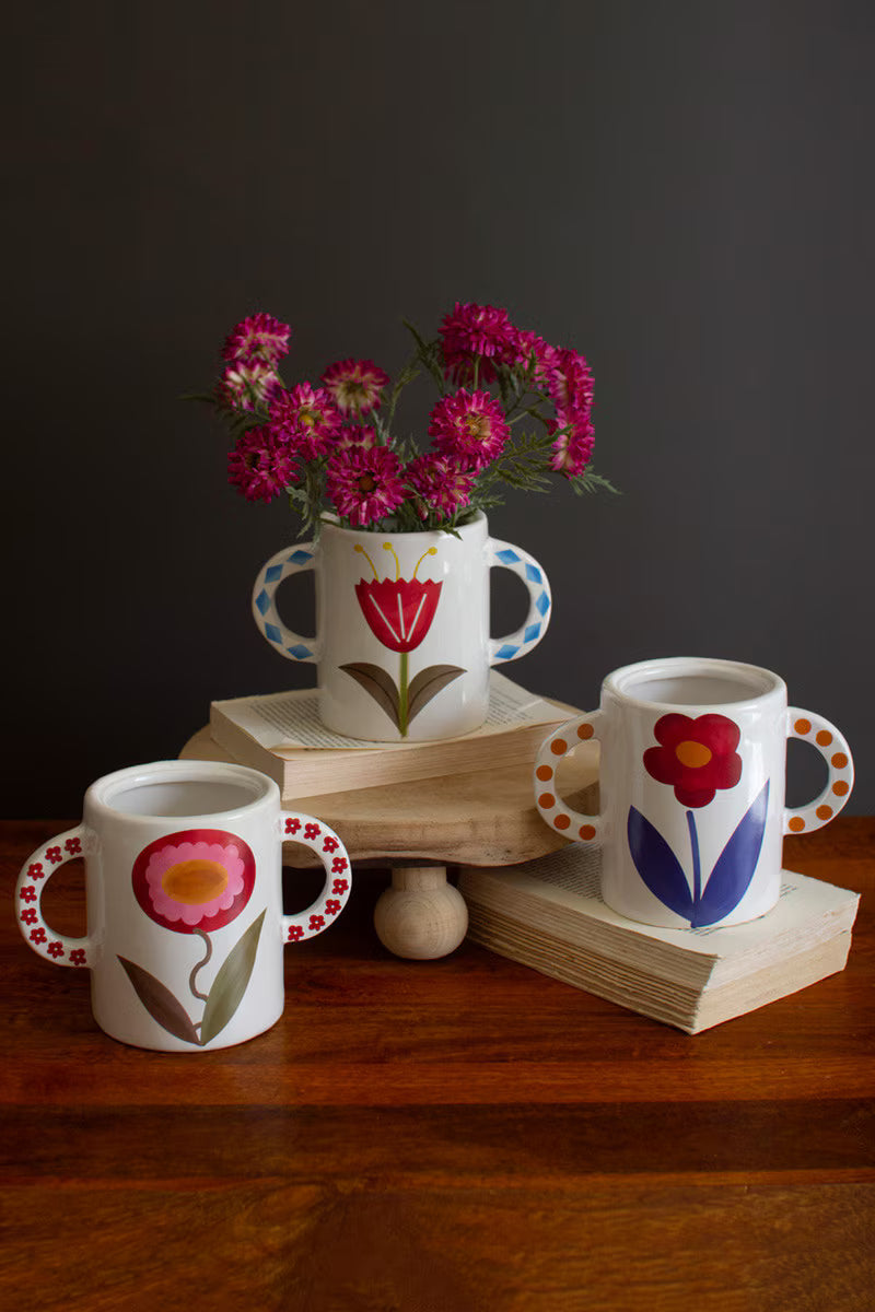 Set of 3 Ceramic Double Handle Vases with Flower Detail