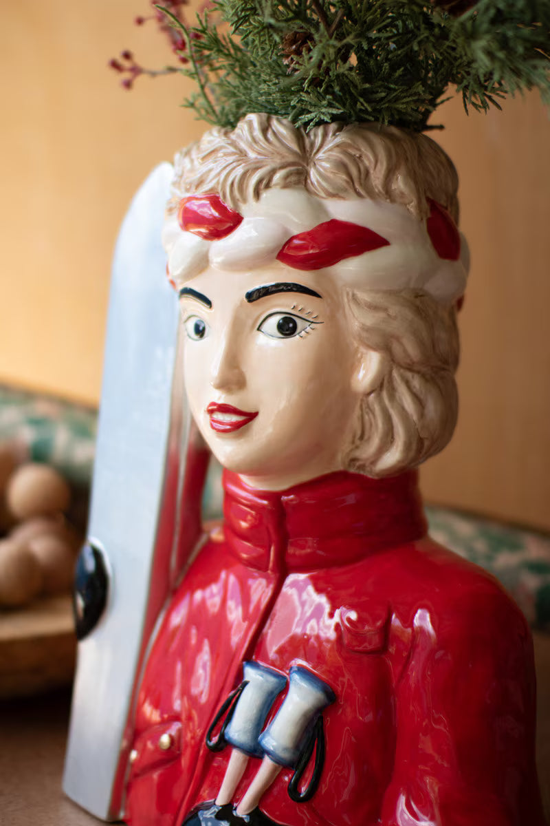 Large Ceramic Snow Skier Woman Vase