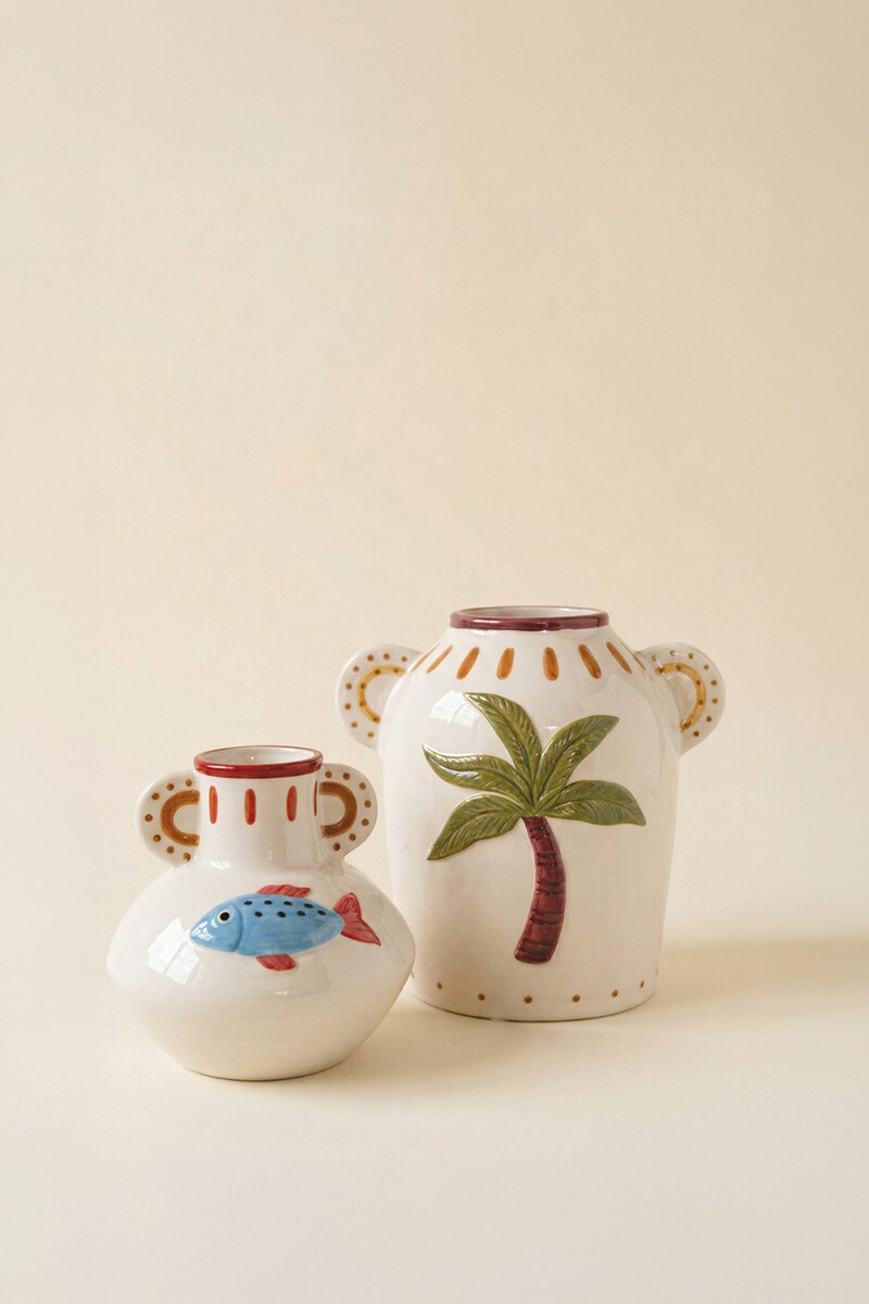 Set of 2 Ceramic Fish and Palm Tree Vases