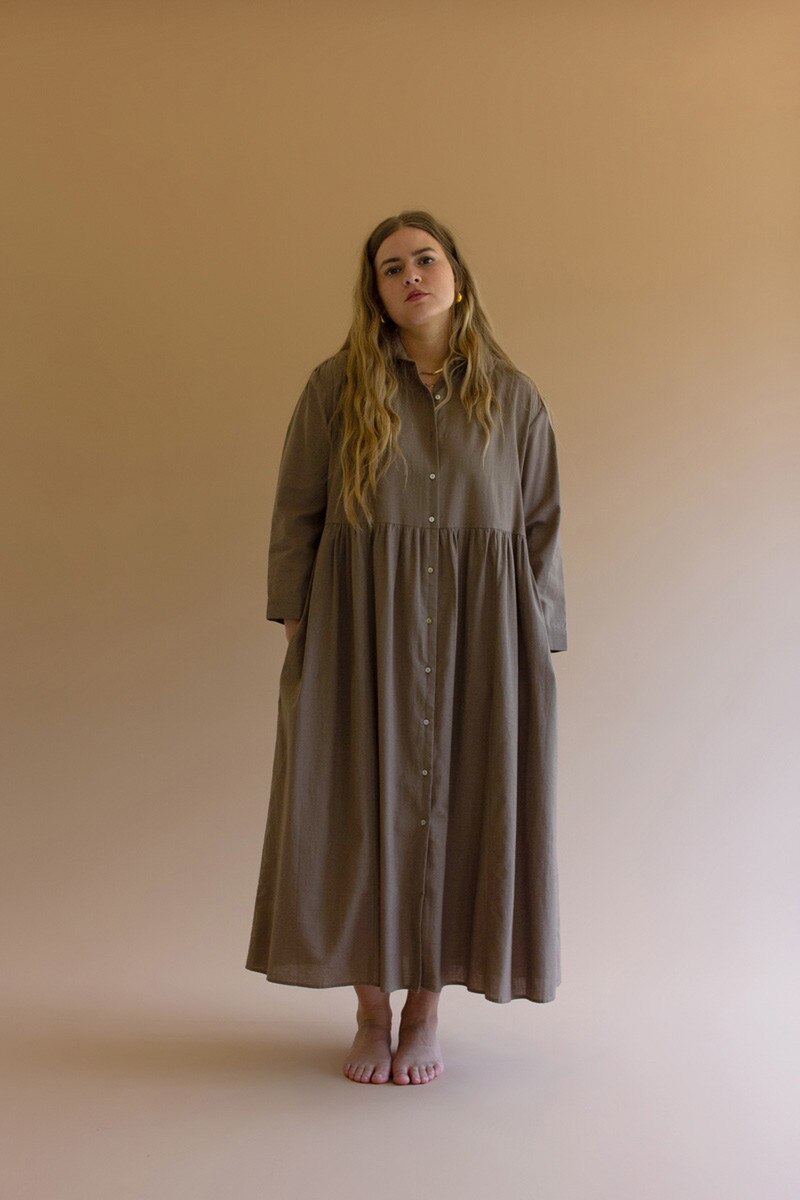 Mocha Long-Sleeve Buttondown Dress with Pockets