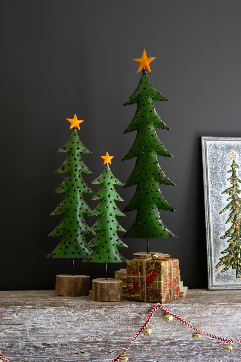 Set of 3 Recycled Iron Christmas Trees on Wood Bases
