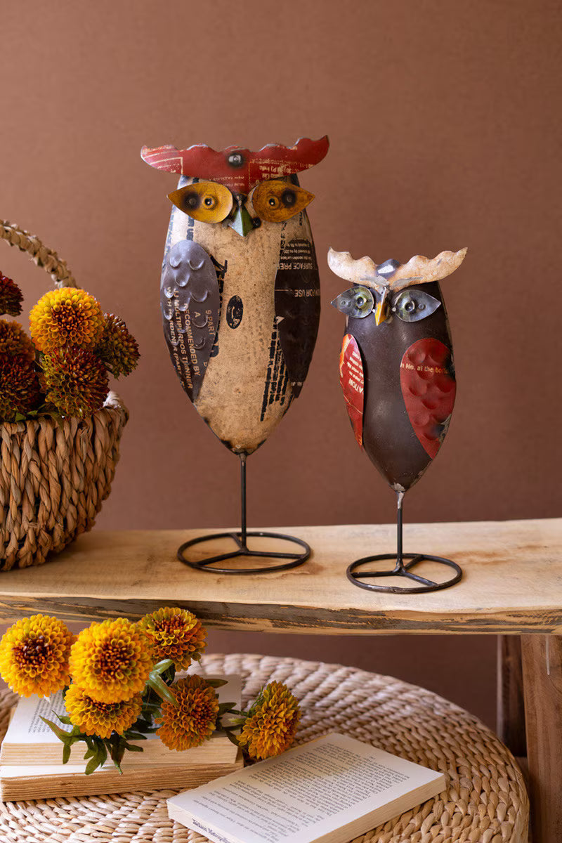 Set of 2 Recycled Iron Owls on Stands