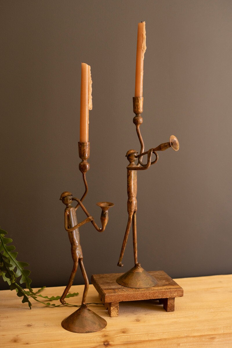 Set of 2 Forged-Iron Trumpet and Saxophone Taper Candle Holders