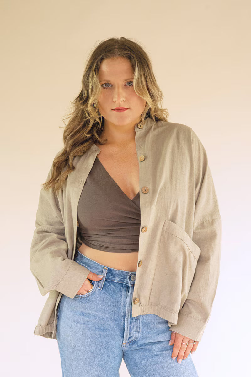 Oatmeal Lightweight Button-Front Bomber Jacket with Front Pockets