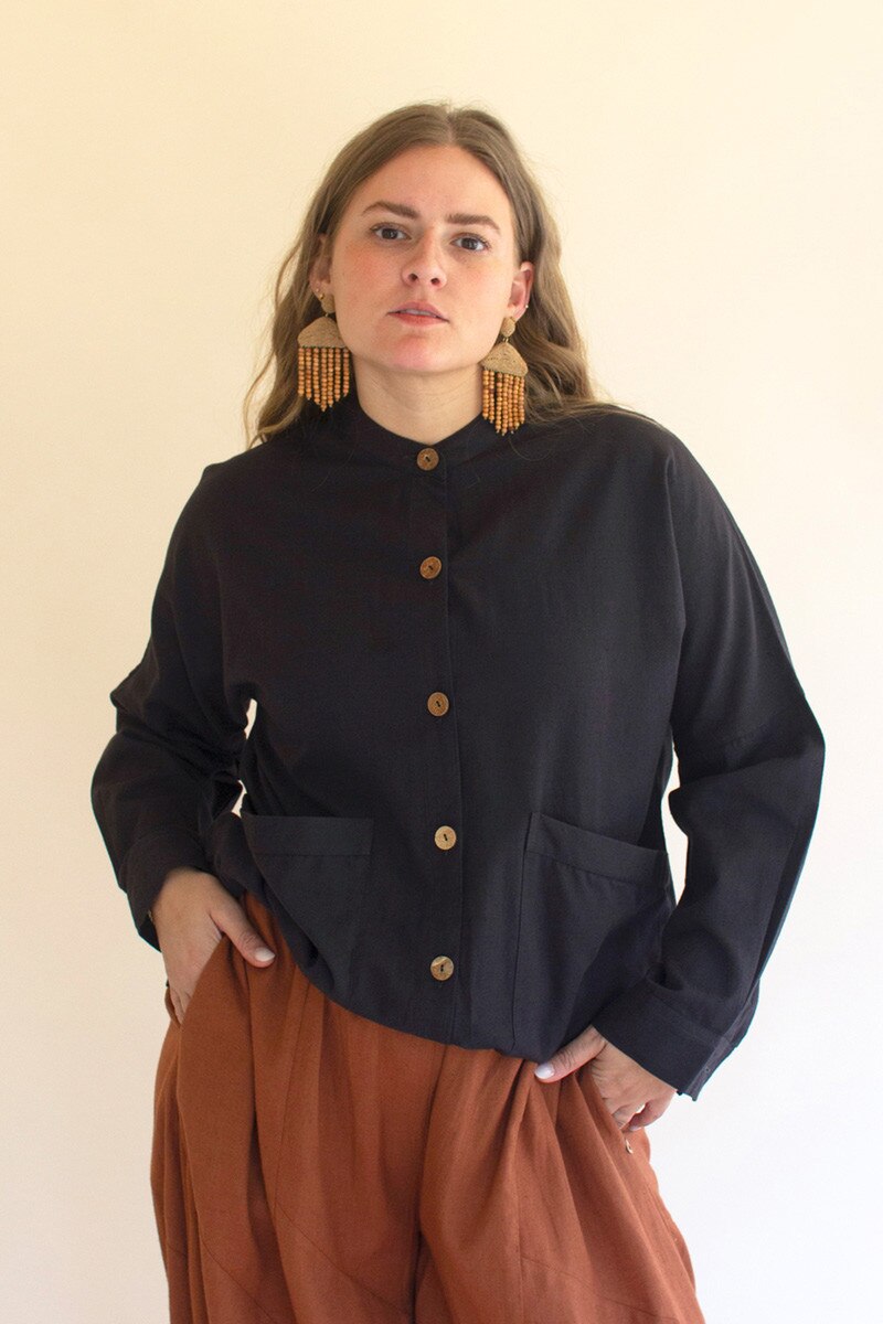 Midnight Lightweight Button-Front Bomber Jacket with Front Pockets